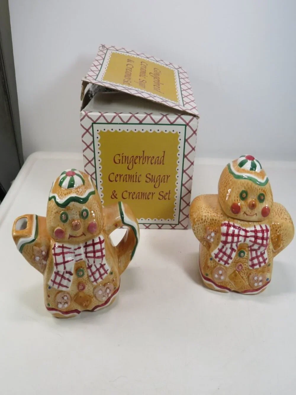 Vintage 1996 Gingerbread Man Ceramic Sugar and Creamer Set Boxed Giftco